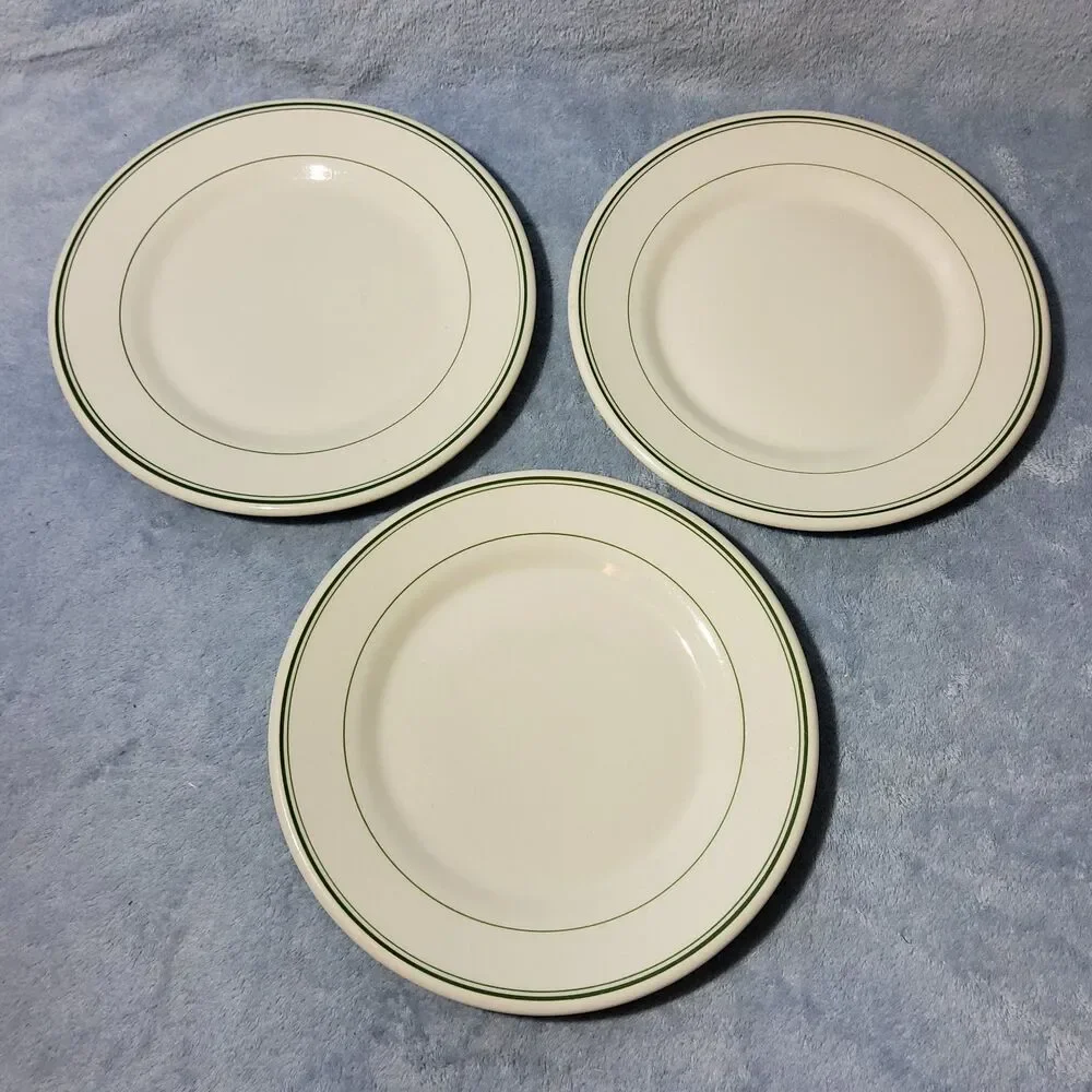 (3) Vintage Restaurantware Wellsville China Green Banded Plates A-50 9.25
